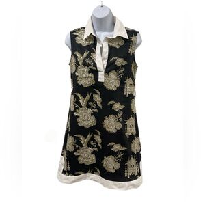 Tizzie Mini Dress Small Sleeveless Chinoiserie Black, Khaki White Trim Pockets